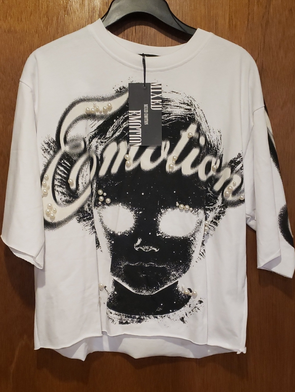 NWT Mixed Emotion White Graphic Tee with Black Print & White Pearls